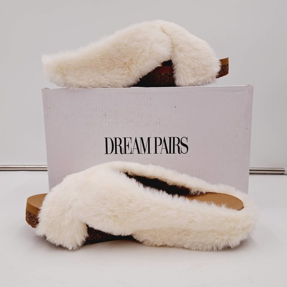 Dream Pair Creamy White Fuzzy Furry CrissCross Slide Sandals 6 - Picture 6 of 8